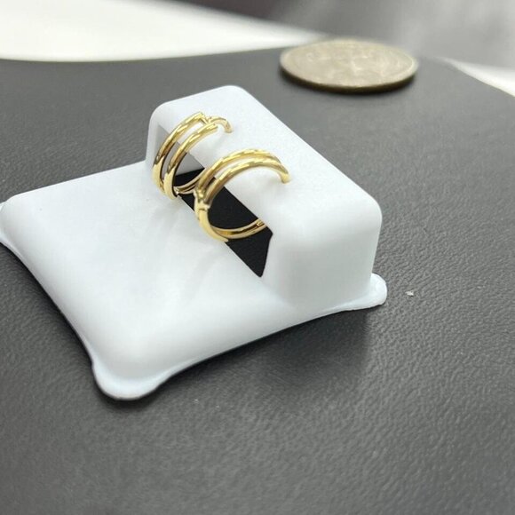 2 Row Gold Huggie Hoop Earrings 14K Yellow Gold For Womens Fashion Design - Picture 3 of 5